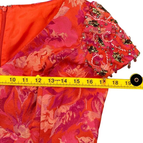 Rickie Freeman Teri Jon Orange Short Sleeve Floral Beaded V-Neck Dress Size 8 - Picture 8 of 10